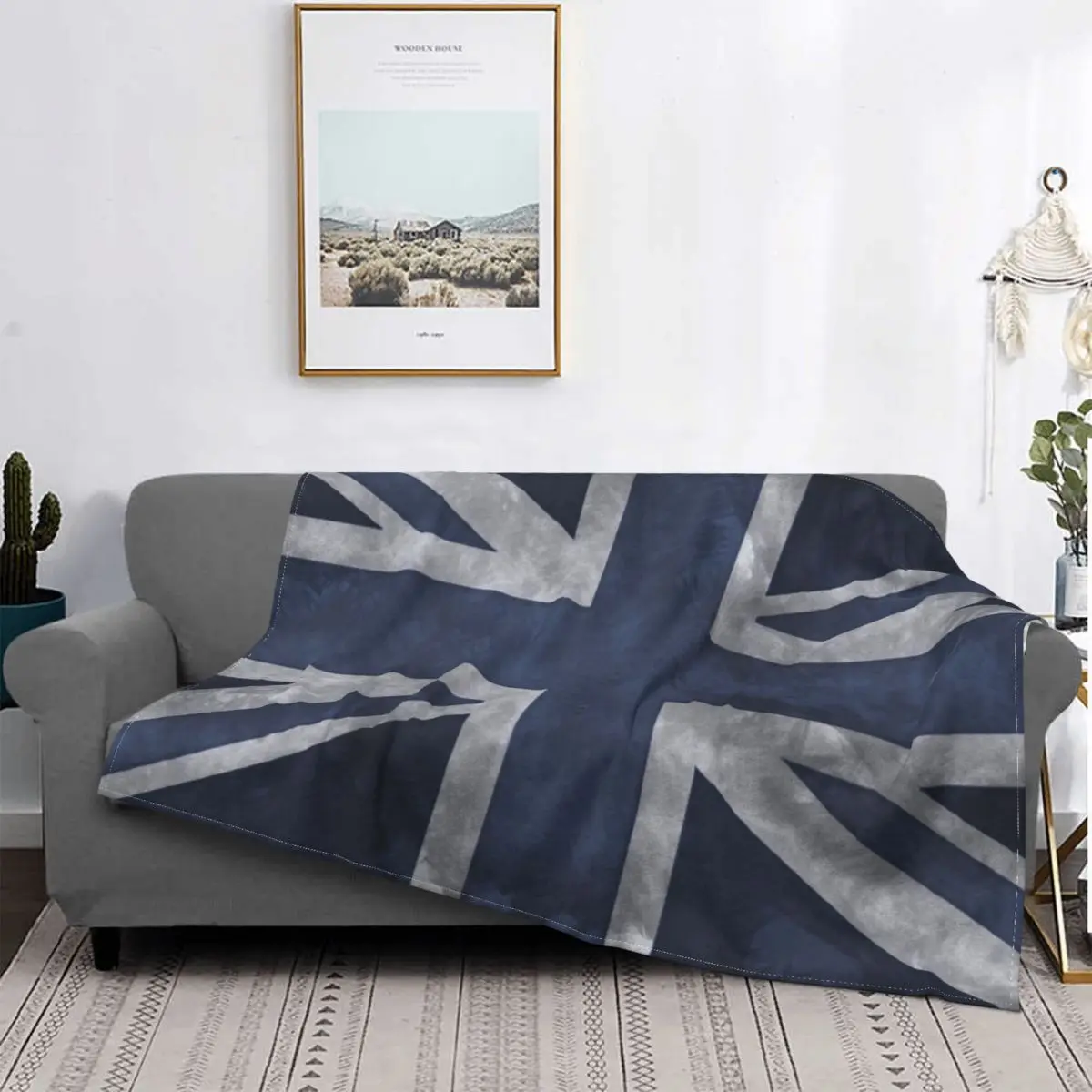 

Blue Distressed Union Flag Blanket Flannel Autumn/Winter Freedom Lightweight Thin Throw Blanket for Bed Travel Bedspread