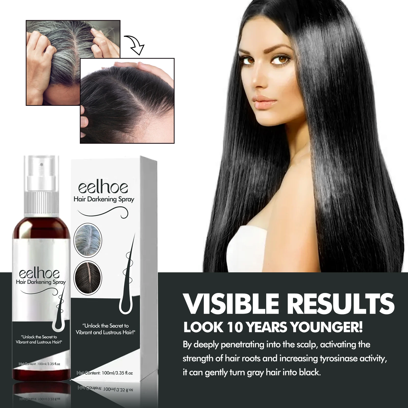 Black Hair Spray natural Gray Coverage Smooth Shiny moisturizing Thickens Hair easy Touch-ups No Sticky Residue long-lasting