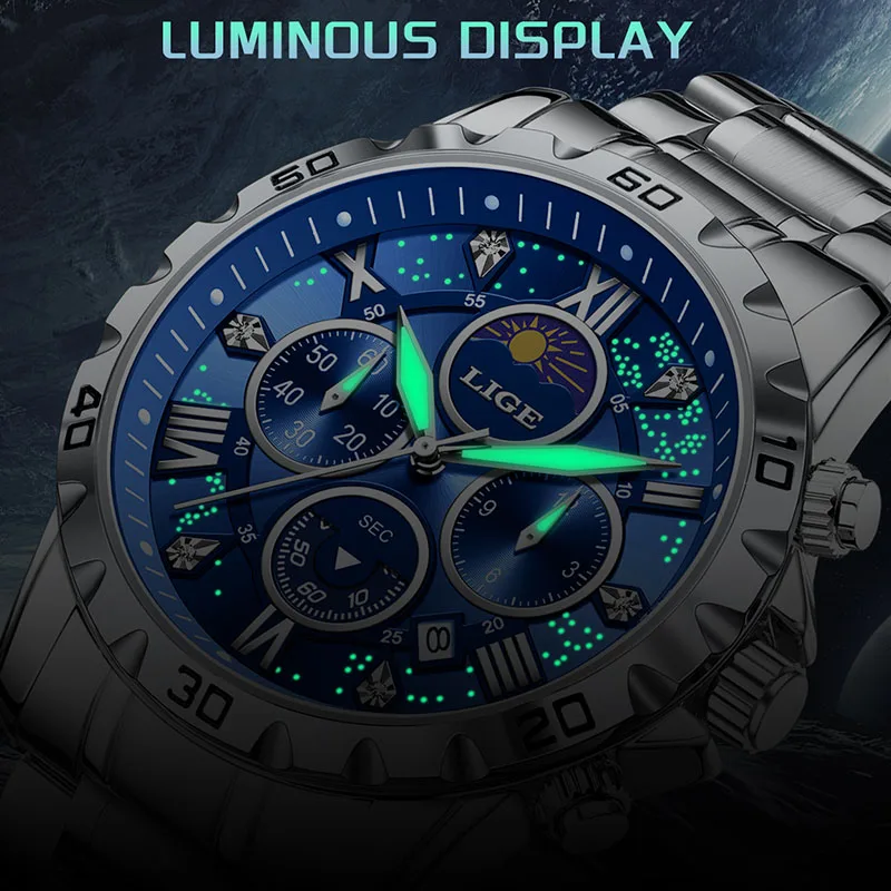LIGE New 24 Hour Moon Phase Watch Men Fashion Sports Men Watch Waterproof Stainless Steel Luminous Quartz Wristwatches For Men