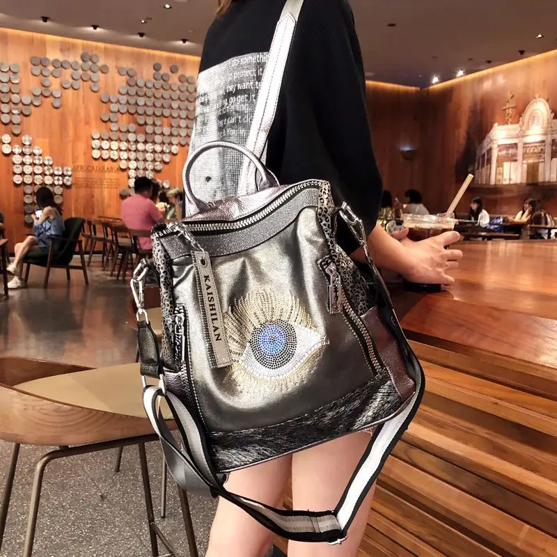 Rhinestone Big Eye Backpacks Women Real Leather Backpack Women Large Capacity Travel Mochila Mujer Female Rucksack