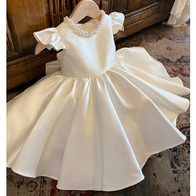 

White Ball Gown Sleeveless Beading O-Neck Knee-Length SATIN Solid Color Flower Girl Dresses Brithday Party Princess Clothing