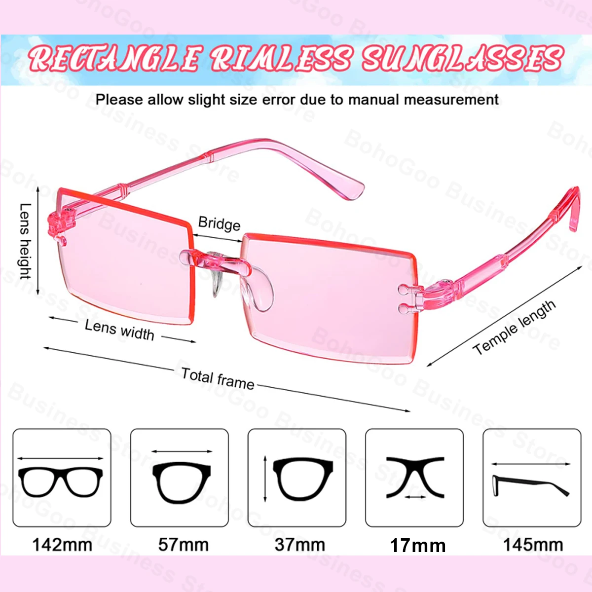 Rimless Rectangle Party Sunglasses Retro Square Glass UV400 Glasses Wedding Birthday Outdoor Decor 12-100Pcs