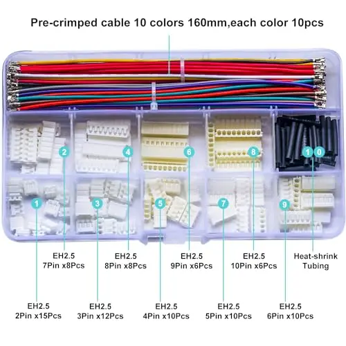 EH 2.54 Female Connectors and 22AWG Cables, JST-EH EH 2.54mm Connector Kit,EH-2.54 2/3/4/5/6/7/8/9/10Pin Housing (YO-EH2.54)