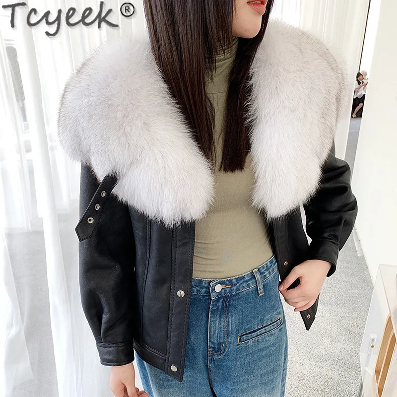 

Tcyeek Natural Fur Jacket Winter Genuine Leather Sheepskin Coat Women 2023 Fox Fur Collar Elegant Warm Fur Jackets Woman Clothes
