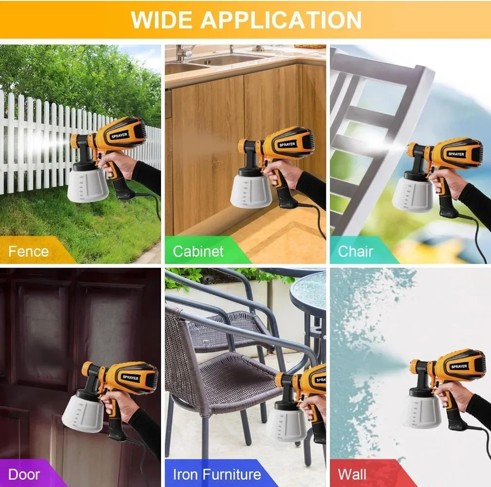 Paint Sprayer 700W HVLP Spray Gun W/Cleaning & Blowing Joints 4 Nozzles 3 Patterns Easy Clean for Furniture Fence Walls Door Etc