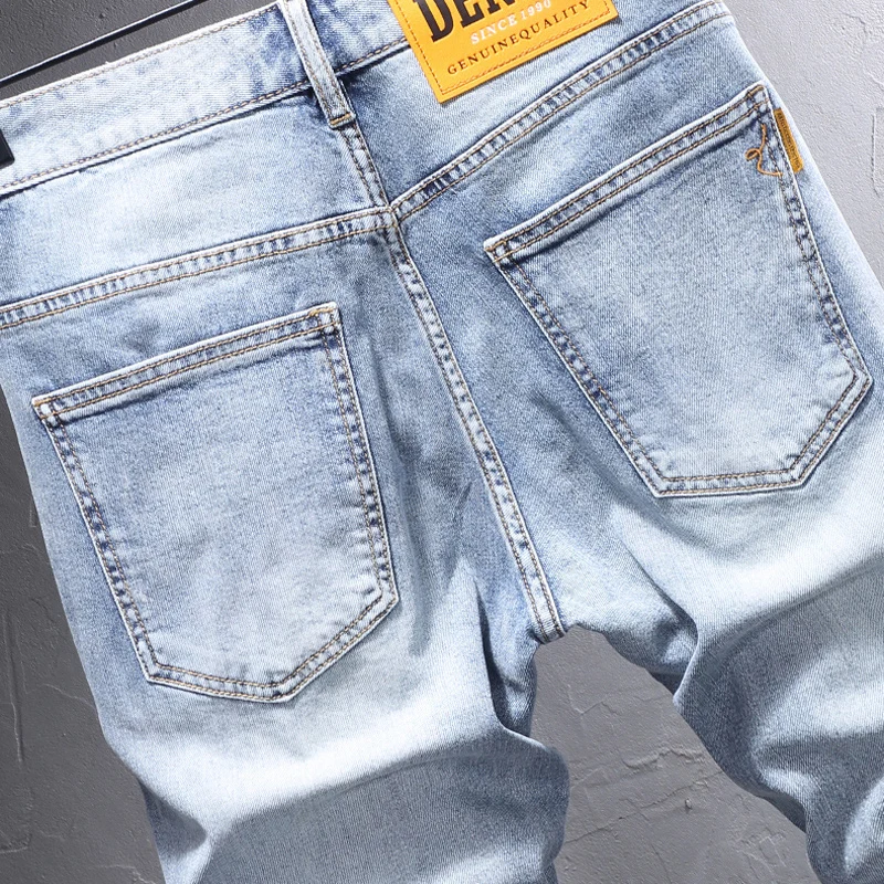 Korean Style Fashion Men Jeans High Quality Retro Light Blue Elastic Slim Fit Embroidery Designer Jeans Men Vintage Denim Pants
