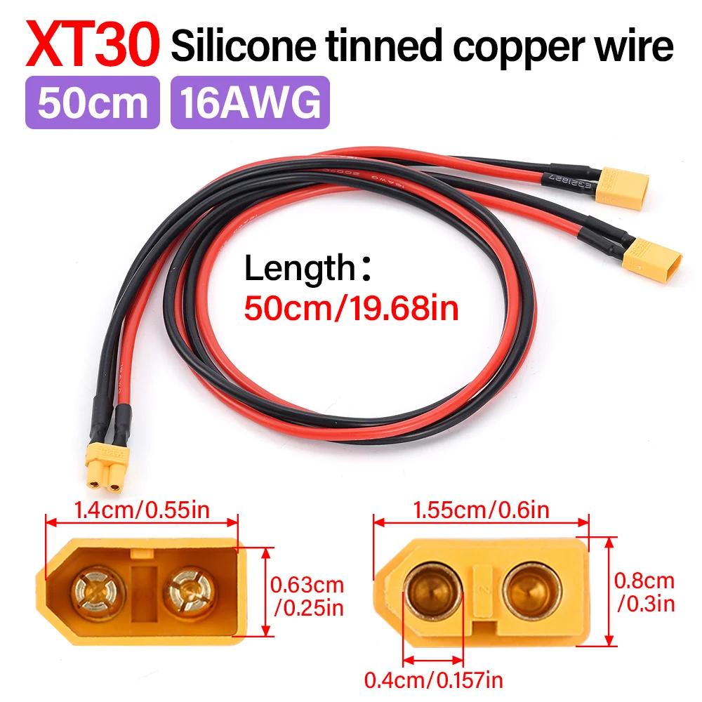 Vue d'ensemble du câble de connexion XT60/XT30 1 femelle vers 2 mâles montrant les trois connecteurs et la longueur de 50cm.