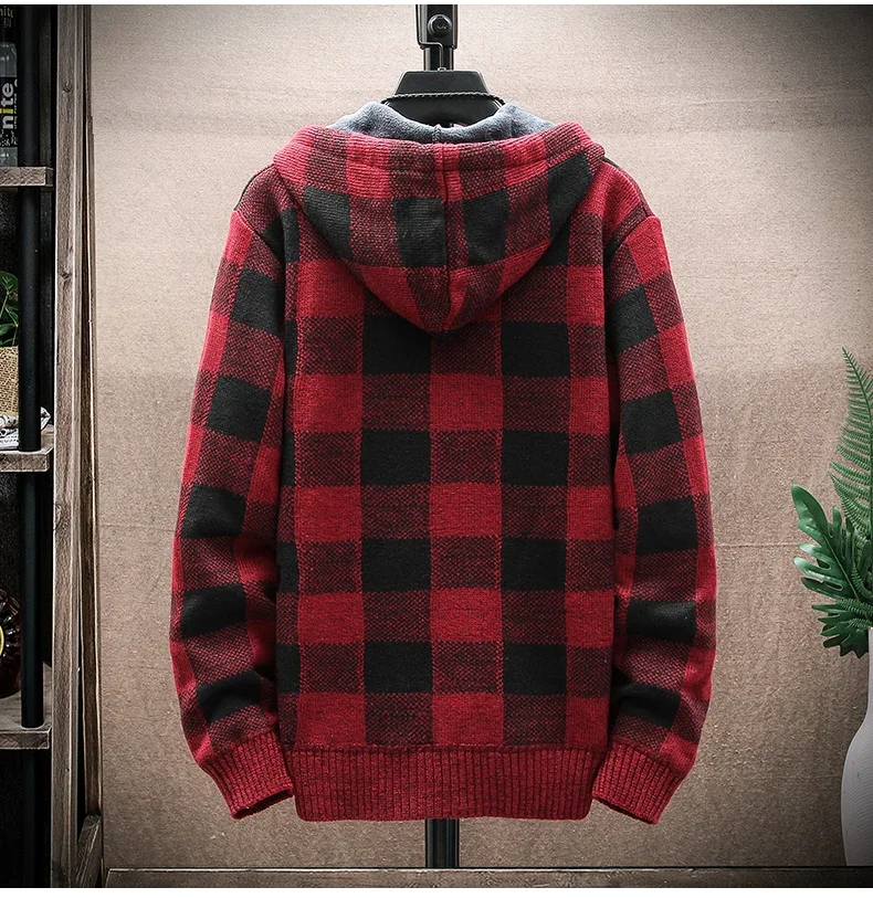 Description Picture 4 of itemMen's New Autumn Winter Plaid Sweater Hooded Cardigan Coat Wool Zipper Jacket Fleece Warm Windbreaker Pullovers Knit Jumper