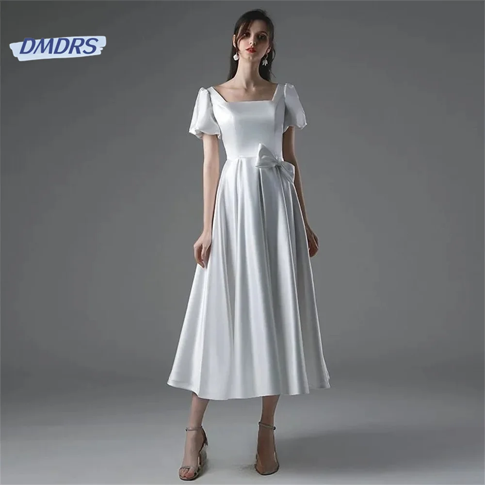 

Simple Square Neck Tea-length Wedding Dress Beach Short Sleeve A-line Bridal Gown Elegant Vestidos De Novia