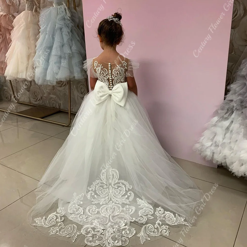 

Century Ivory Flower Girl Dresses Lace Appliques Baby Girls Party Dress Cap Sleeves Puffy Princess Dress Bow First Communion