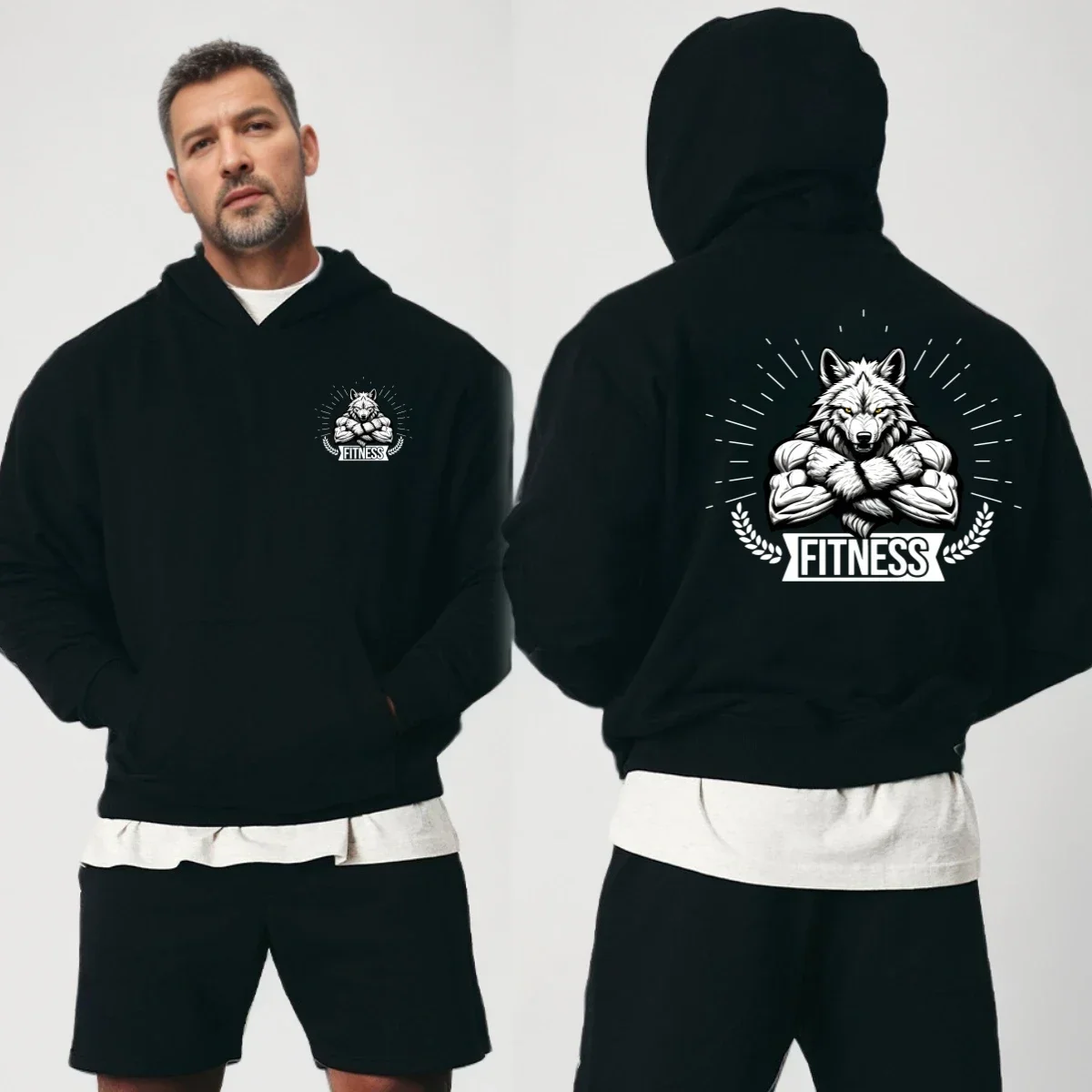 Fitness Hoodie Mens Gym Training Sweatshirt Print Werewolf Bodybuilder Hooded Pullover Top