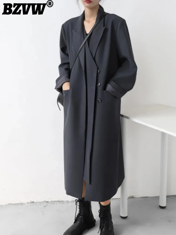 

BZVW Korean Style Long Blazer Women Notched Collar Patchwork Design Solid Color Coat Office Lady Trench 2024 New Clothing 32C846