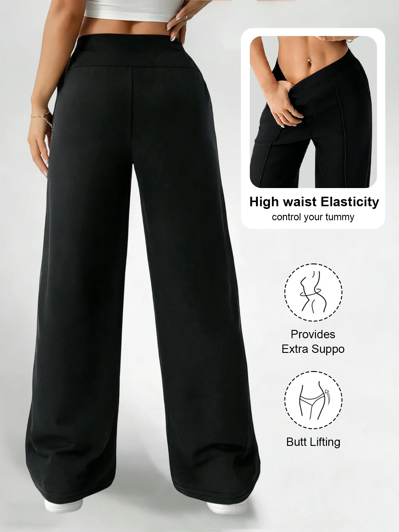 Women High Waist Straight Pants Solid Color Casual Office Trousers Slim Loose Streetwear 3