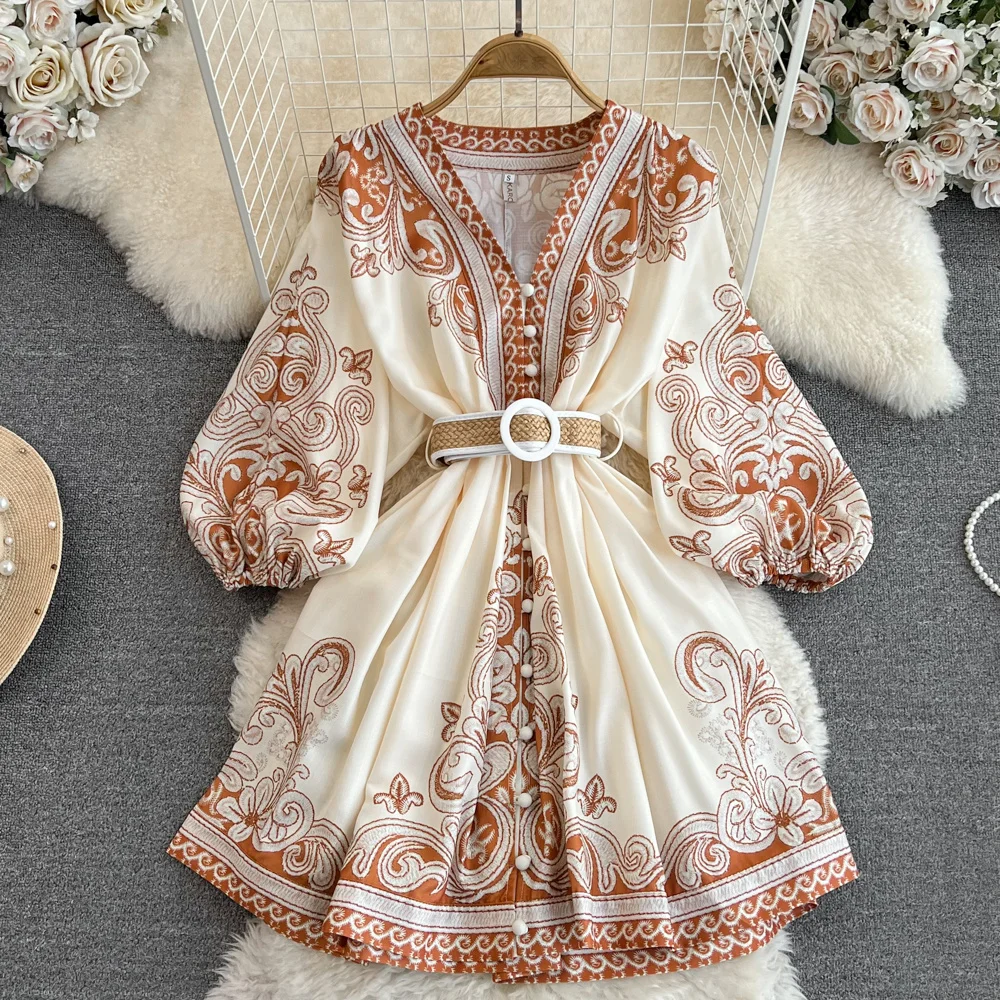 

Spring And Autumn Elegant Luxury Lantern Long Sleeve Vintage Dress Women V-Neck Waist Shrinking A-line Short Office Dresses