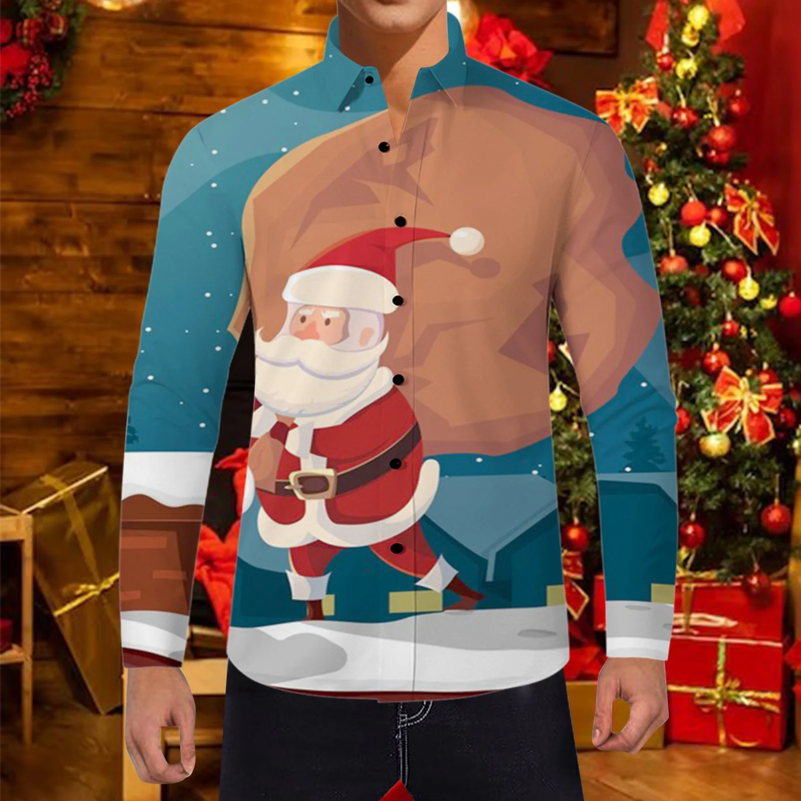 

Men'S Christmas Shirts Navidad Blouses Funny Shirt Cartoon Tops Long-Sleeved Santa-Claus Printed Lapel-Neck Themed Camisas