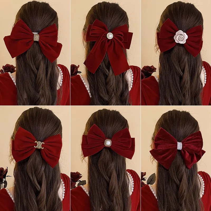 

New Velvet Bowknot Hairpin Women's Large Back of Head Horsetail Hair Accessories New Year Christmas Elegant Barrette Hair Clips