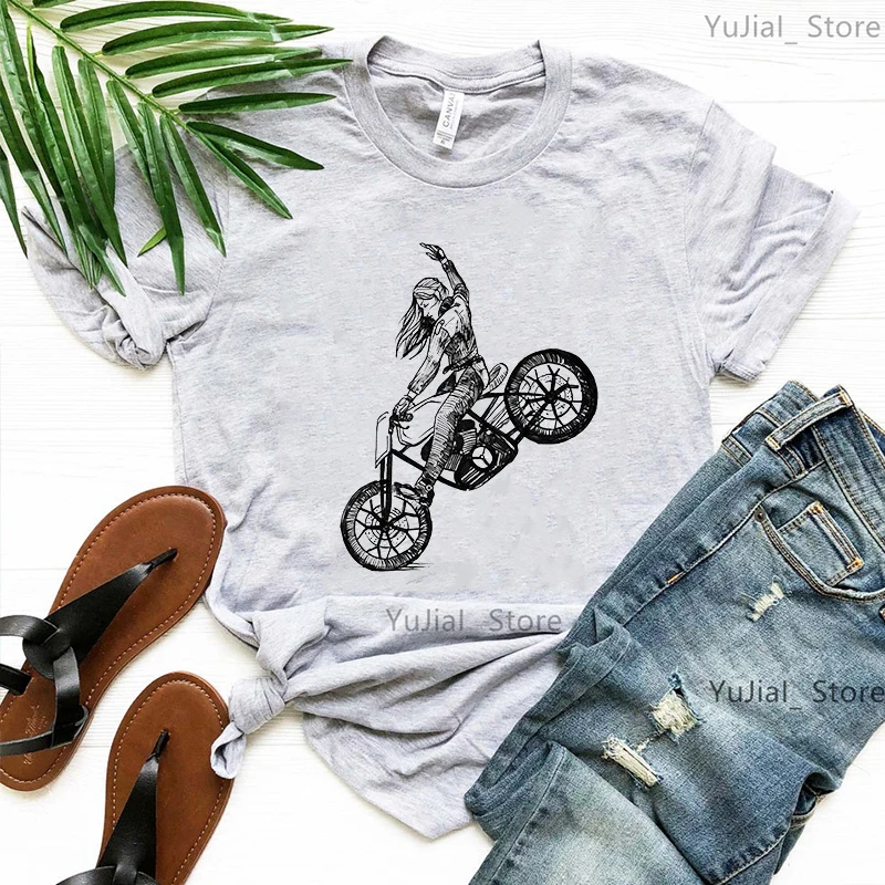 2024 heißer Verkauf Mädchen liebt Motorrad gedruckt T-Shirt Frauen cool lässig rosa/grün/grau/gelb T-Shirt Femme Sommer T-Shirt – Detail 4