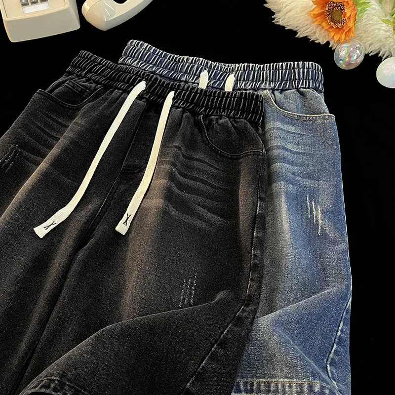 Legible Summer Casual Denim Shorts Men Solid Loose Straight Elastic Waist Shorts for Man