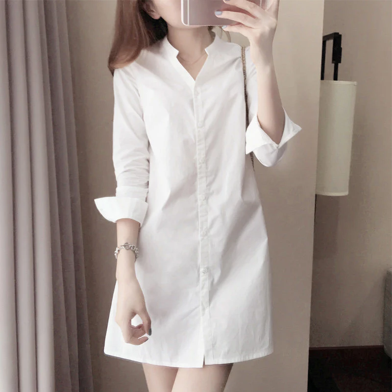 

New Women Girl Fashion White Long Sleeve V Neckline Slim Shirt Dress Solid Casual Single Breasted Loose Elegant Shirt Miniskirt