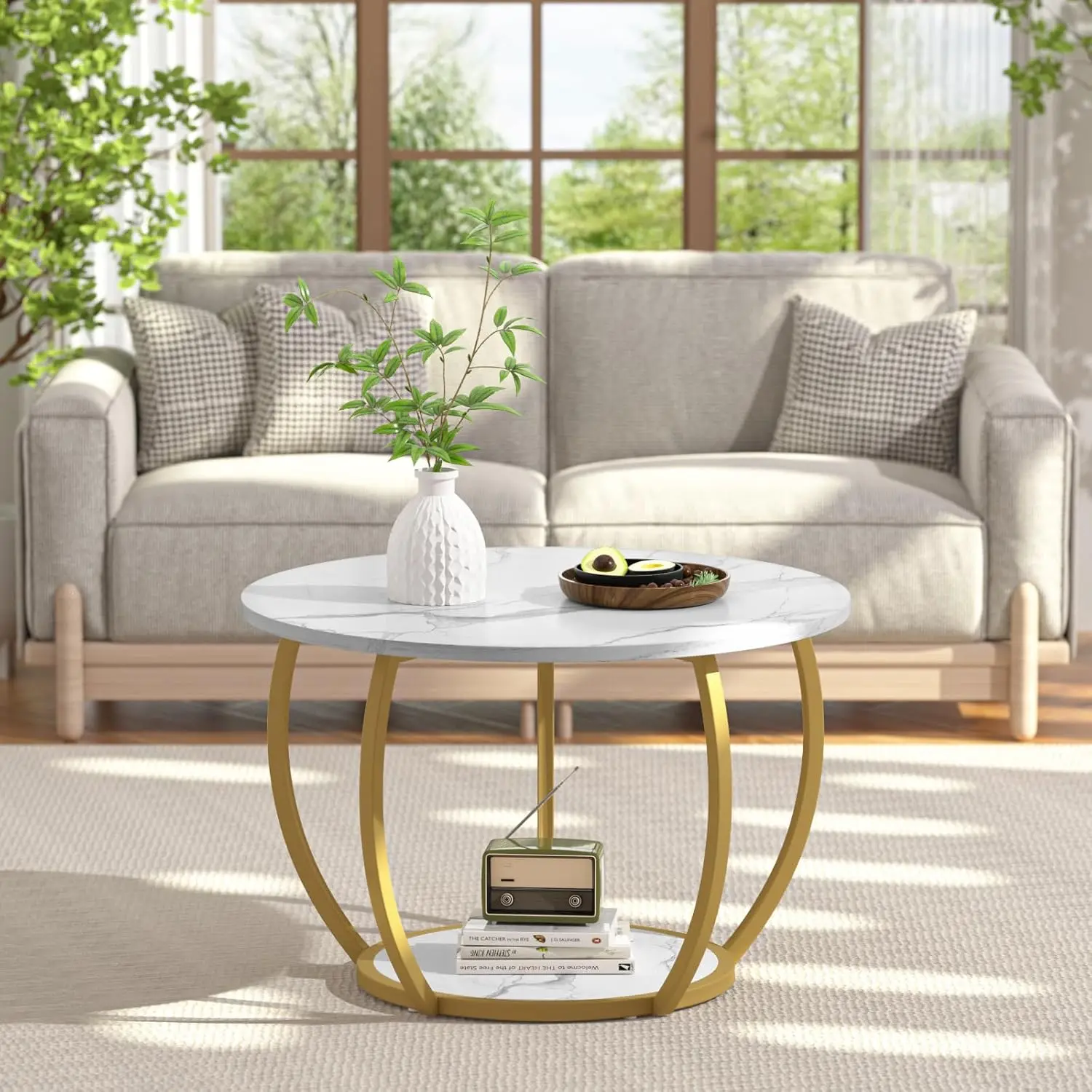Round Coffee Table with Storage, 27.6 inch Small Living Room Tables with Adjustable Feet, 2-Tier Farmhouse Center Table 5