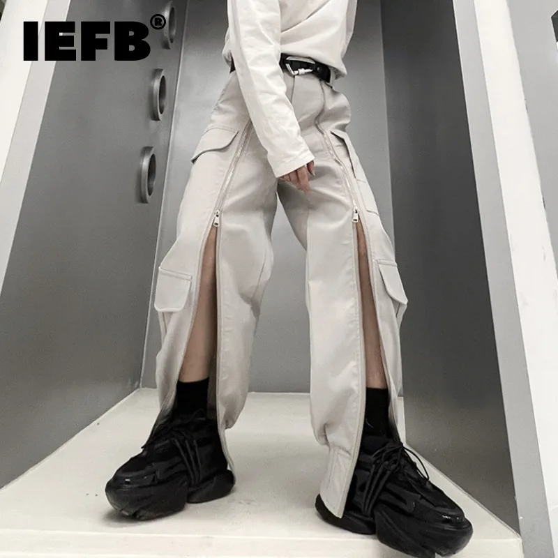 

IEFB Men Fashion Cargo Pants Niche Design Zipper Split Overalls Personalized Male Straight Trousers Summer New Streetwear 9A8038