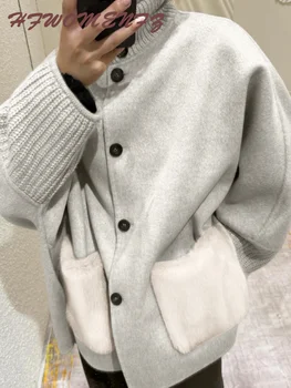 Loose Knit Fur Women's Sweater Casual Standup Collar Long Sleeve Single-breasted Female Cardigan 2026 Spring Pocket Knitwear 1