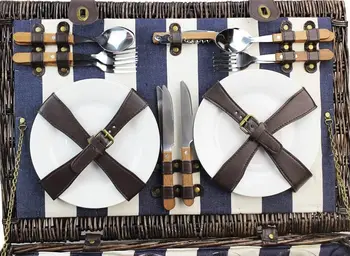 Extra Large Willow Picnic Basket with Service Set for 4 Persons, Natural Wicker Picnic Hamper with Free Food Cooler, Fleece 5