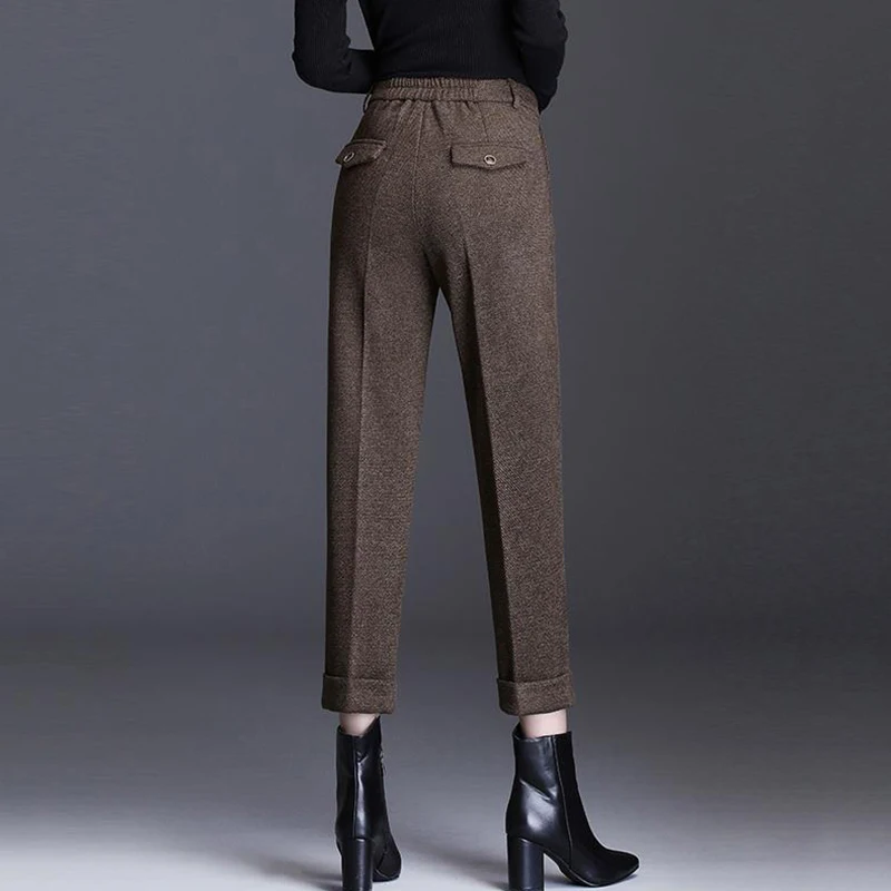 Autumn Winter Woolden Blend Harem Pants Women Solid Colors High Waist Ankle-Length Pants Lady Office Thick Loose Suit Pantalones