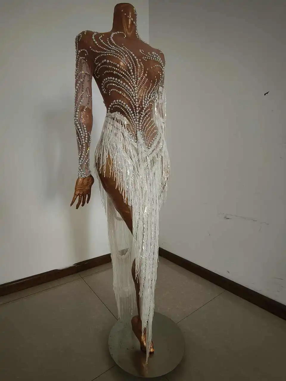 Sparkly Rhinestones Sequins Fringes Birthday Celebrate Evening Dress Women Sexy Mesh Transparent Dance Costume Photo Shoot Wear 