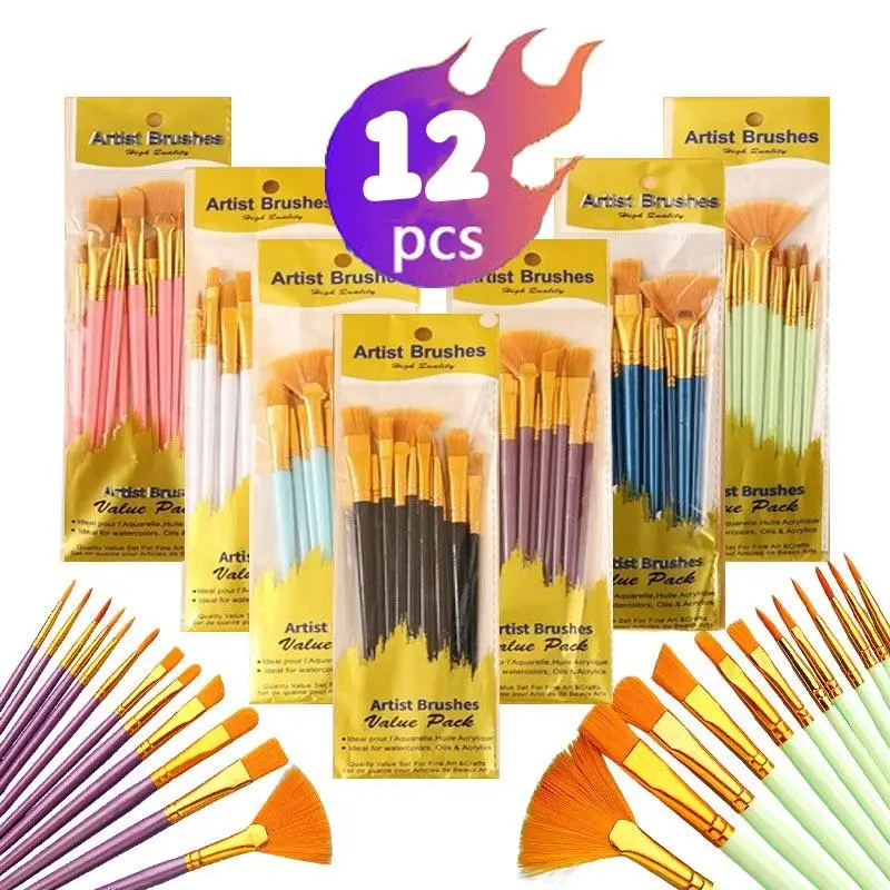 12Pcs 나일론 강모 브러쉬 세트 플랫 브러쉬 수채화 오일 페인트 아크릴 페인팅 아티스트 아마추어를위한 패브릭 브러쉬