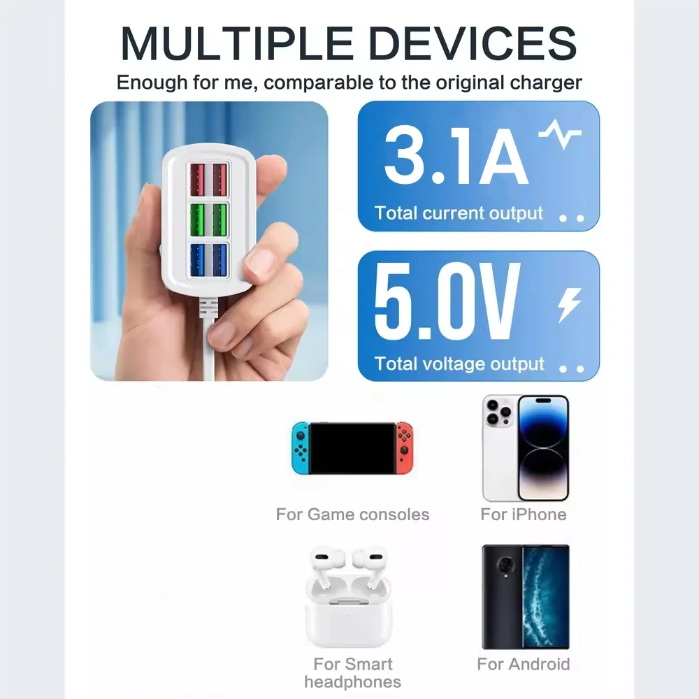 Multipresa con 6 Porte USB, Caricatore Universale Rapido, Adattatore EU/US, Cavo di Prolunga per Presa Elettrica da Tavolo - Image 2