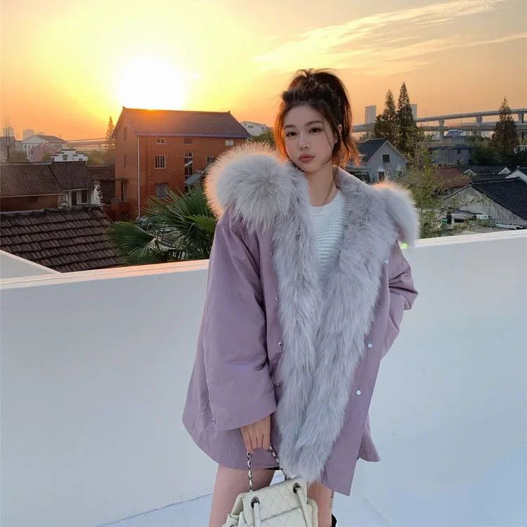 

Coco Fur Coat Women's Pie Overcoming Medium To Long 2021 Winter New Rex Rabbit Fur Inner Gall Raccoon Large Fur Neckline Shape