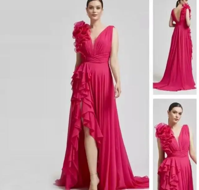 Refreshing Color 3D Flower Ruffles Bridesmaid Dresses Sleeveless Slit Chiffon Formal Evening Prom Gowns robes de soirée Wedding