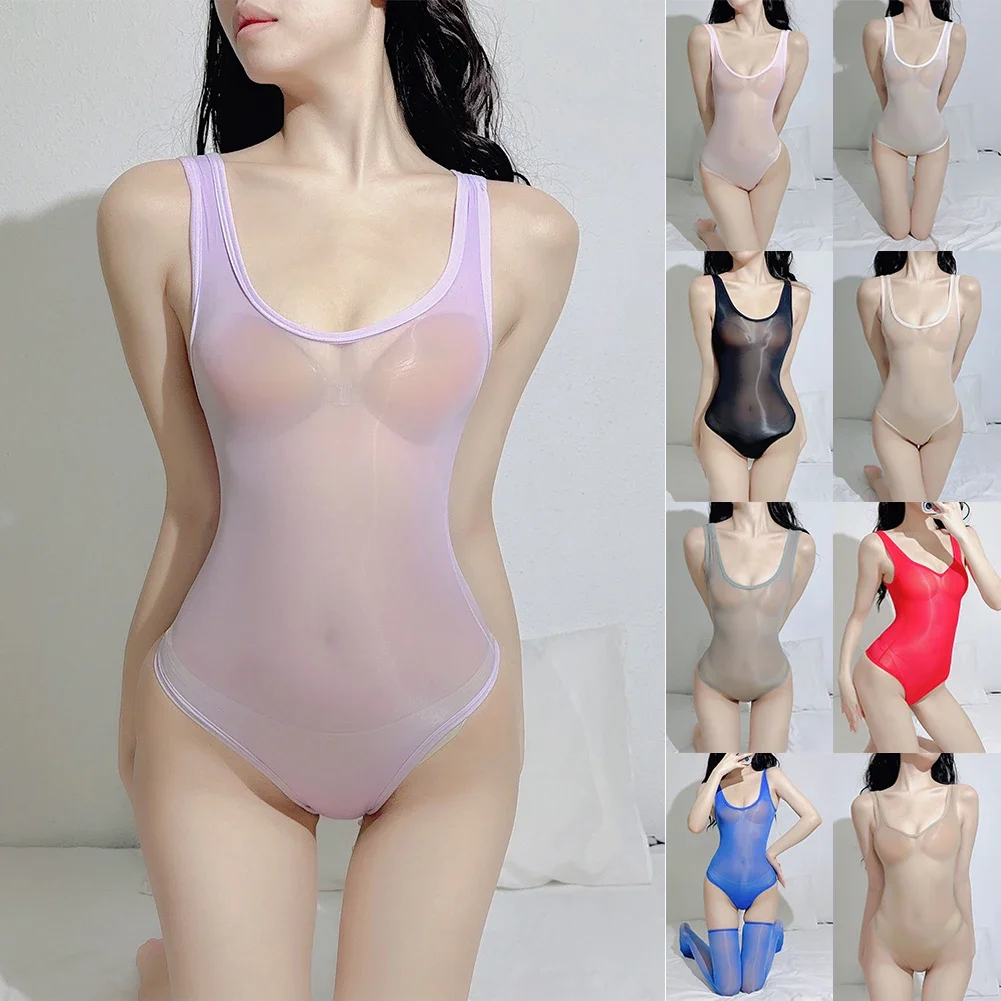 Women's Swimsuit Oil Shiny Glossy Bodysuit Sexy Wet Seductive Lingerie High Cut Leotard Bikini Transparent Seamless Swimwear