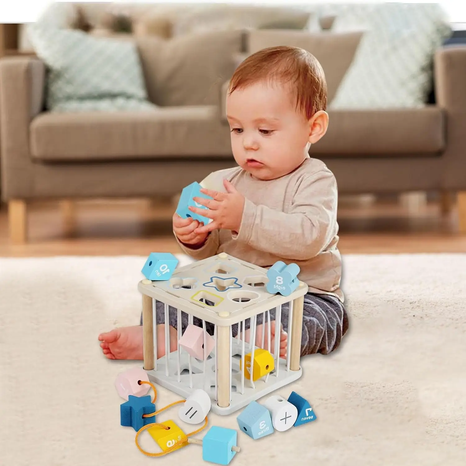 Baby Shape Sorter Cube Toddler Montessori Toys Shape Stringing Threading Toys Fine Motor Stacking Block for Boys Girls