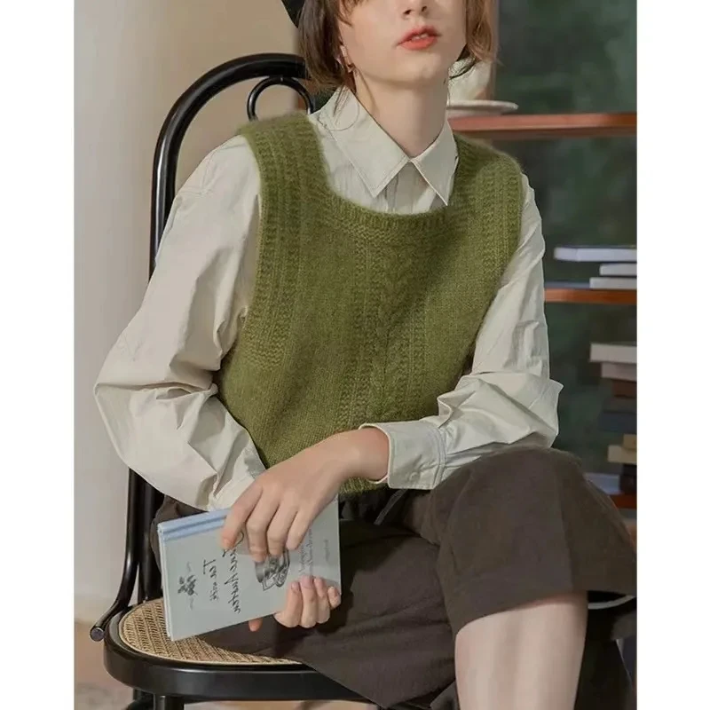MEXZT 여성용 빈티지 니트 조끼, 민소매 스웨터, 하라주쿠 스퀘어넥 조끼, 스트리트웨어, 한국 니트웨어, 탱크 풀오버, 신제품 