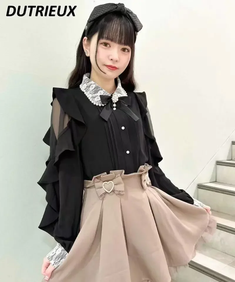 Mine Mass-Produced Pearl Lapel Lace Stitching Shirt Long Sleeve Lolita Blouse Sweet Cute Girl Outdoor All-Matching Tops