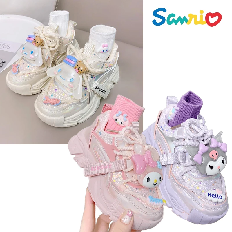

Детские кроссовки с рисунком аниме Kawaii Sanrios My Melody Cinnamoroll Kuromi, Мультяшные милые светящиеся Папины туфли, Женская бархатная обувь для бега, подарок