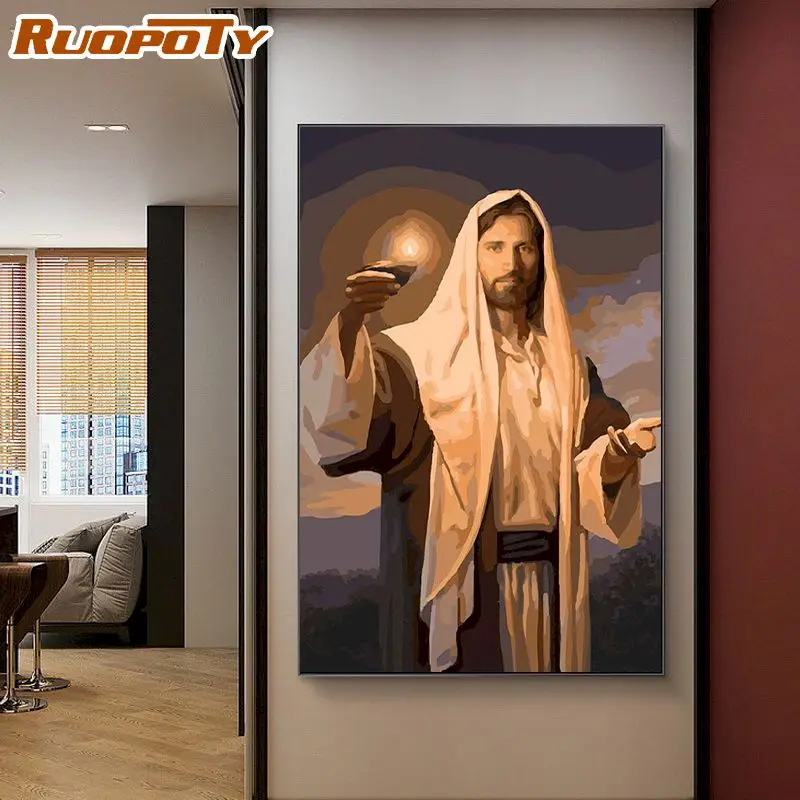 

RUOPOTY DIY Painting By Numbers Jesus Holding Light Decorative on Canvas Paintings HandPainted Figure Picture Home Decor Gift