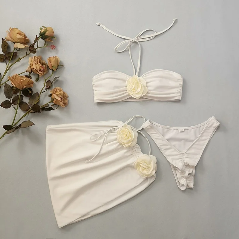 2024New Year Hot Sale Milk White Flower High Quality Beach Holiday Style Bikini Three-Piece SetbikiniFemale