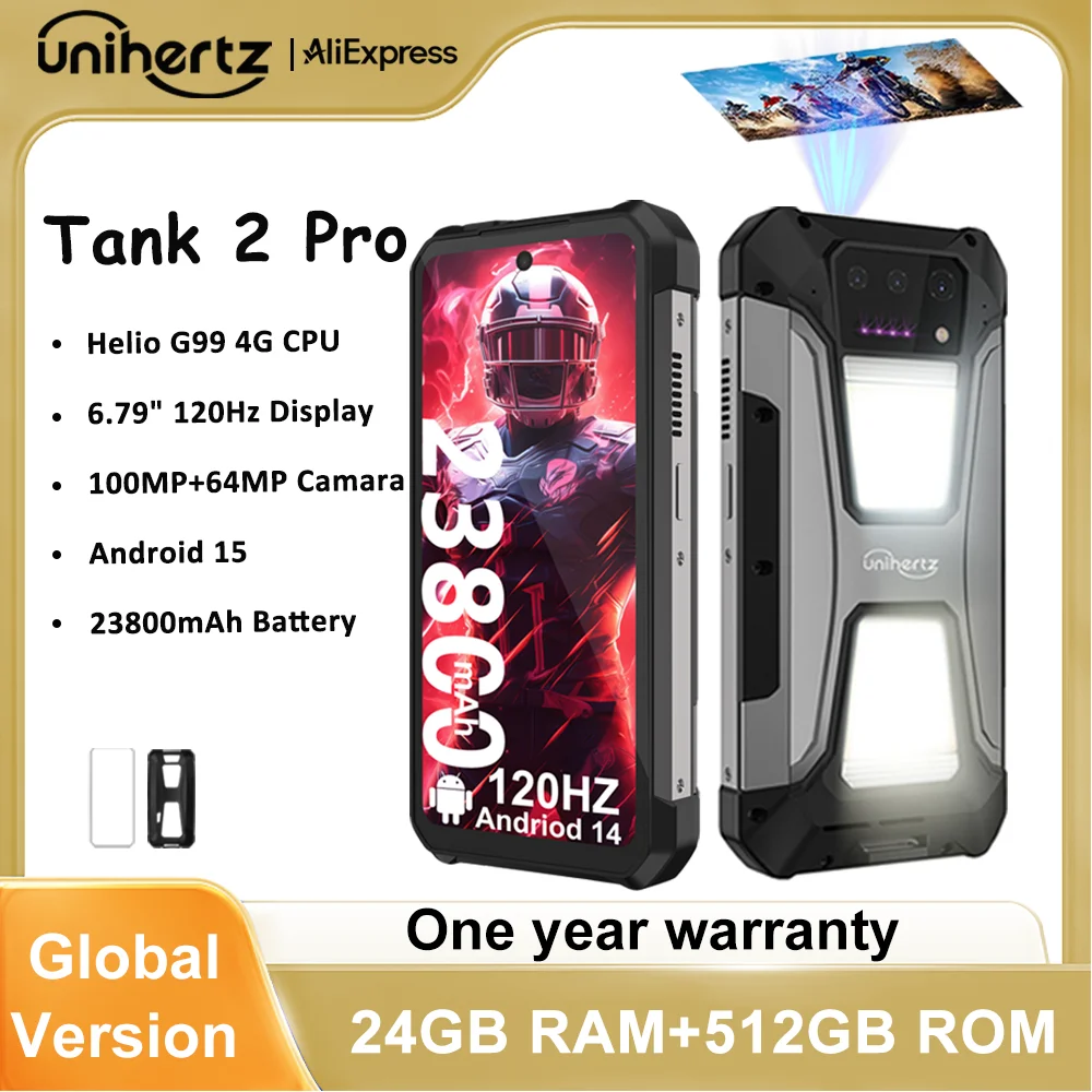 유니허츠 탱크 2 프로 8849 러기드 스마트폰 (프로젝터 내장, 2.4K, 23800mAh, 24GB+512GB, 안드로이드 14, 100MP, NFC)