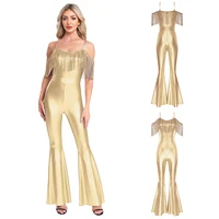 Women Metallic Shiny Dance Jumpsuit Sequin Tassel Sleeveless Bell Bottom Long Pants Bodysuit Romper for Jazz Music Festival - Image 5