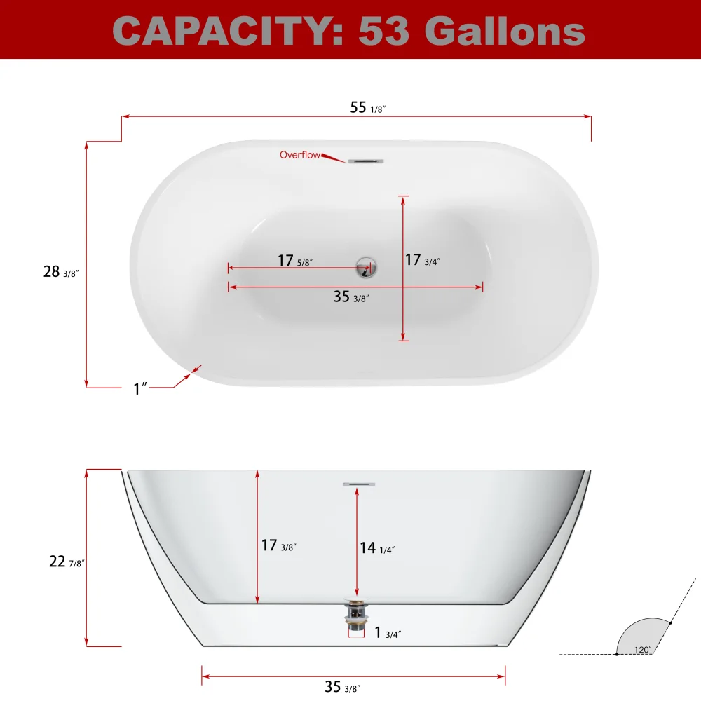 55" Sleek White Acrylic Freestanding Soaking Bathtub with Chrome Overflow and Drain 5