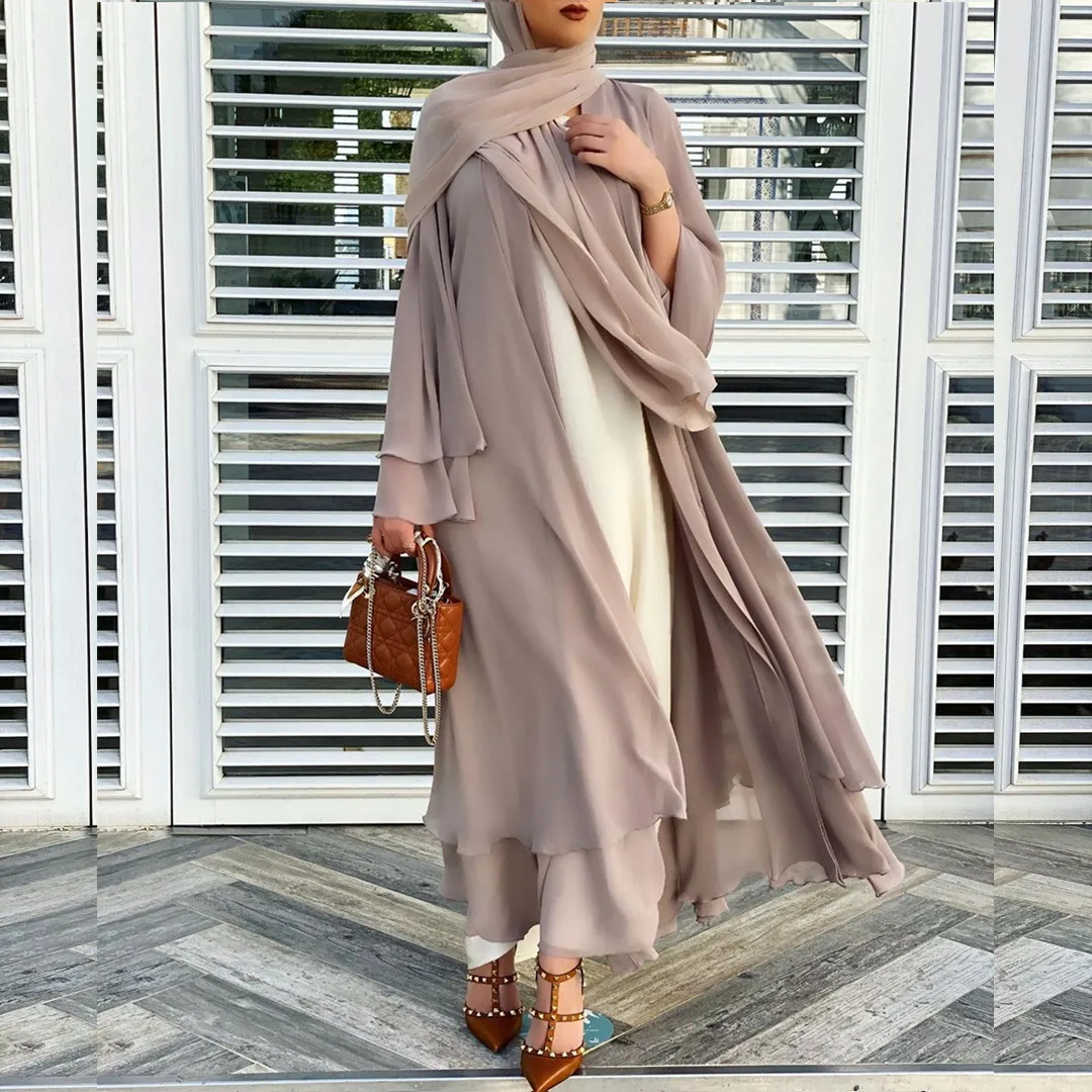 

Chiffon Abaya Women Dress Ramadan Sash Hijab Robe Femme Musulmane Dresses Kaftan Muslim Islamic Clothing Vestido 2 Layer Abayat