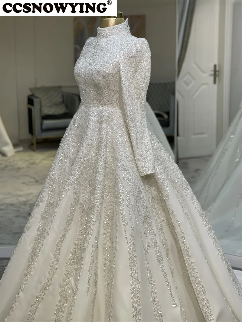 Luxury Satin Appliques Wedding Dress for Bride Long Sleeve High Neck Dubai Arabic Hijab Muslim Bride Gown Vestidos De Novia 5
