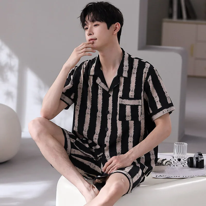 Men's Summer Thin Ice Silk Pajamas Lapel Short Sleeve Cardigan Shorts Oversized Loose Casual Home Clothing Set Luxury Sleepwear pijamas women new ice silk summer pajamas set short sleeve shorts sleepwear casual home clothes loose sleep tops pant suit