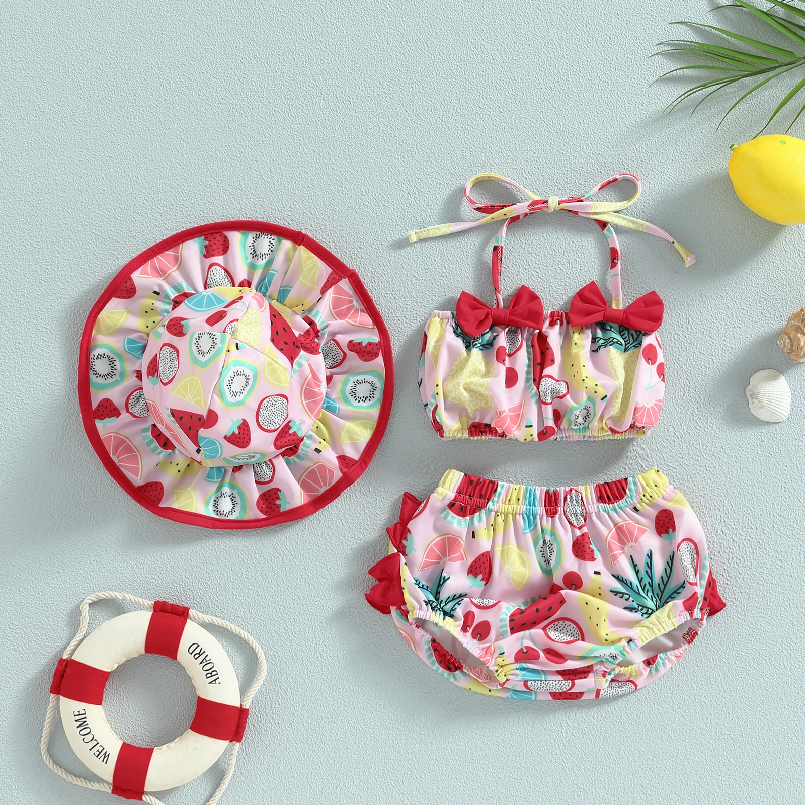 Children swimwear EWODOS 0-24Months Toddler Baby Girl 3pcs Swimsuits Summer Fruit Print Bandage Halter Sleeveless Tops Beach Shorts and Hat Sets