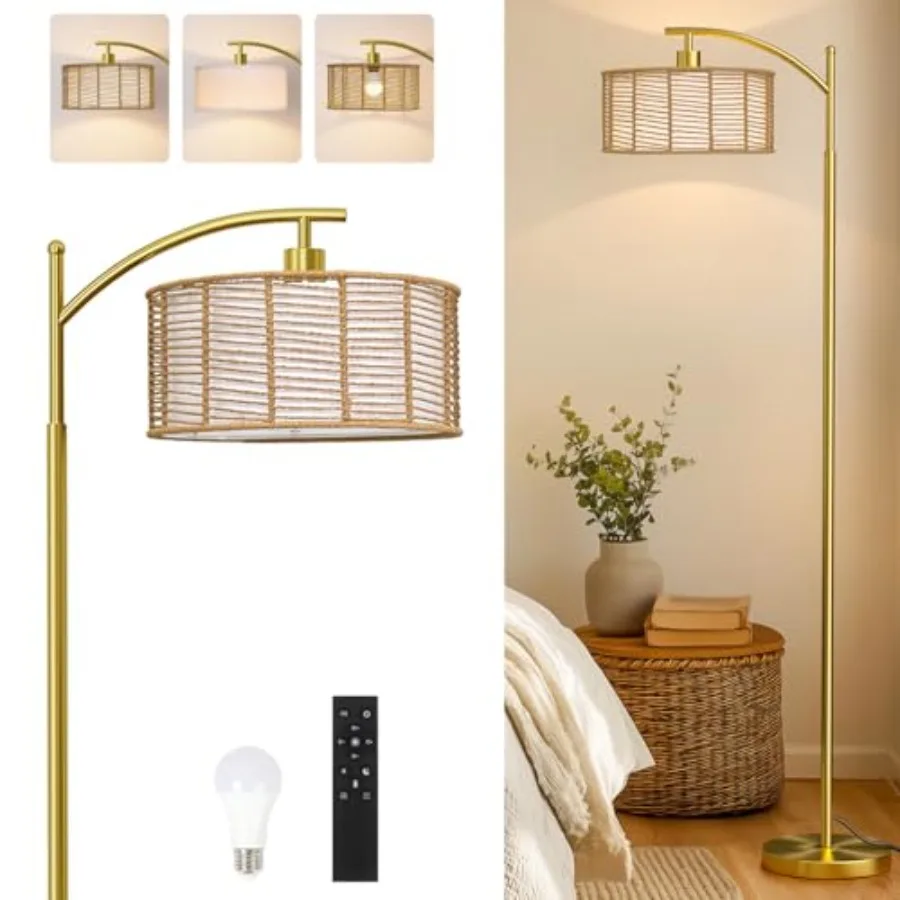 62.5'' Gold Arc Floor Lamp for Living Room Rattan Boho Floor Lamp with Remote and Dimmable Bulb 3 Color Temperatures Farmhouse