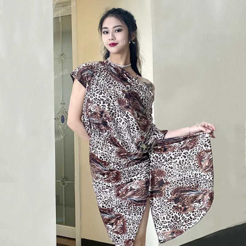 

Oblique Shoulder Leopard Latin Dance Dress Women'S Ballroom Dance Competition Dresses Adults Party Latin Dancing Dress SL8951