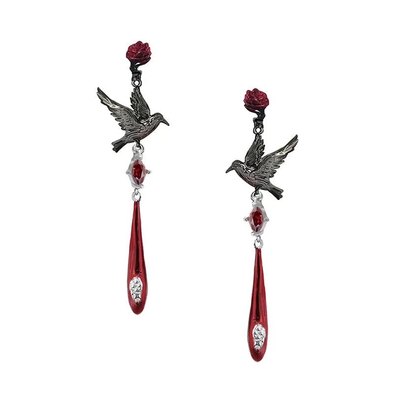 MASW Original Design Hiphop Cool Hot Girl Style Red Flower Black Bird Dangle Earrings For Women Gift Modern Jewelry Accessories 3